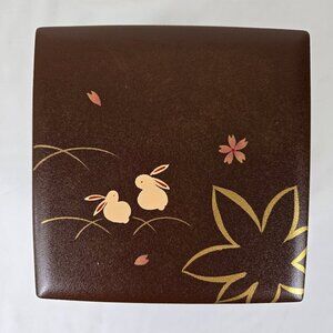 Japanese Jubako Stacked Box Brown w/Red Lacquer Interior Bunnies and Flowers